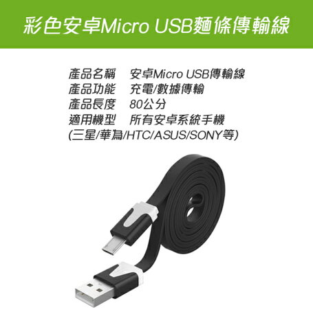 安卓MICRO USB彩色傳輸線 現貨 當天出貨 扁線 充電 多色可選 馬卡龍　長度80公分【coni shop】 2