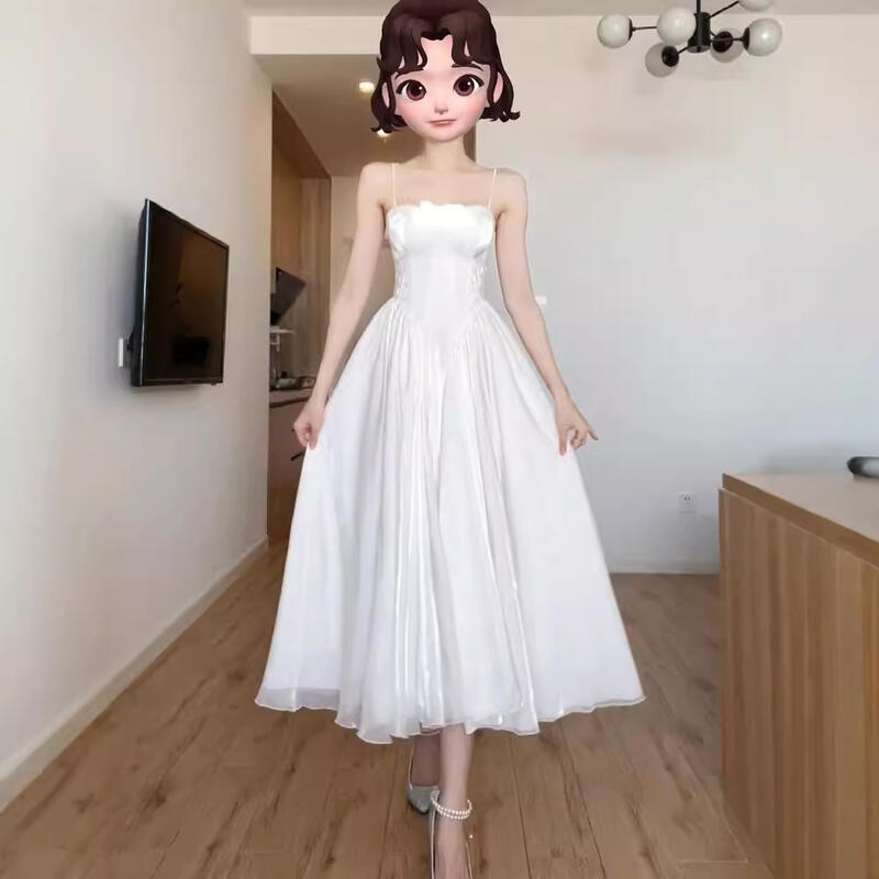 辛德瑞拉公主裙成人禮訂婚禮服高階輕奢小眾白色流光吊帶連衣裙女