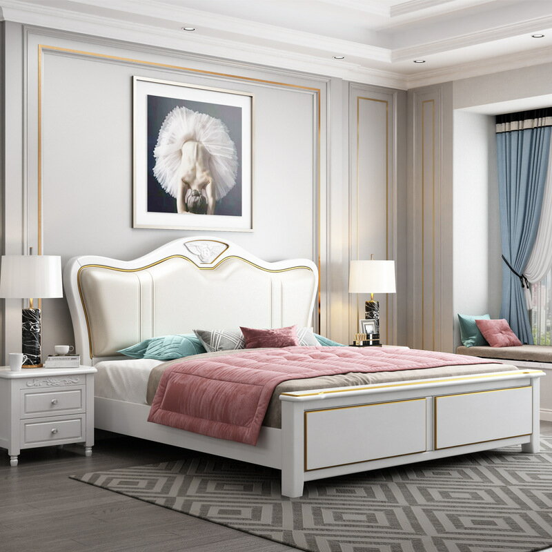 實木床現代簡約軟包輕奢風1.5米帶儲物雙人床1.8米主臥白色公主床