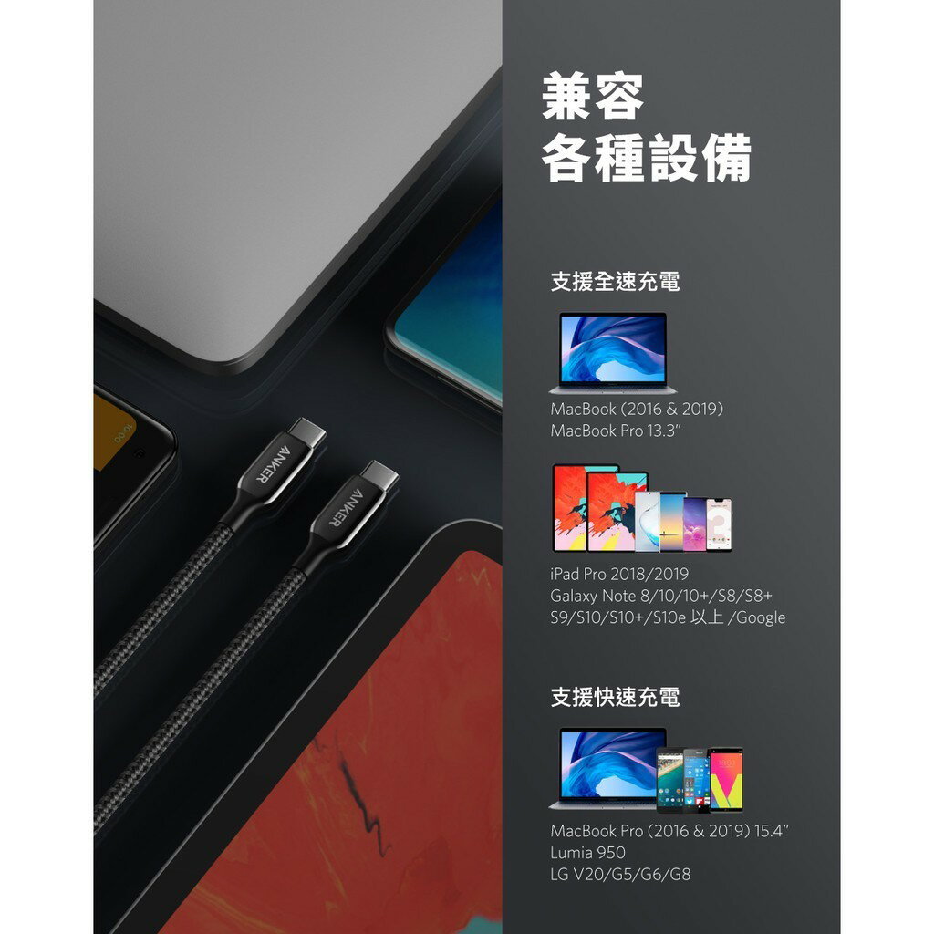 ANKER PoweLine+III USB-C to USB-C編織線0.9M(黑灰) A8862H11 4