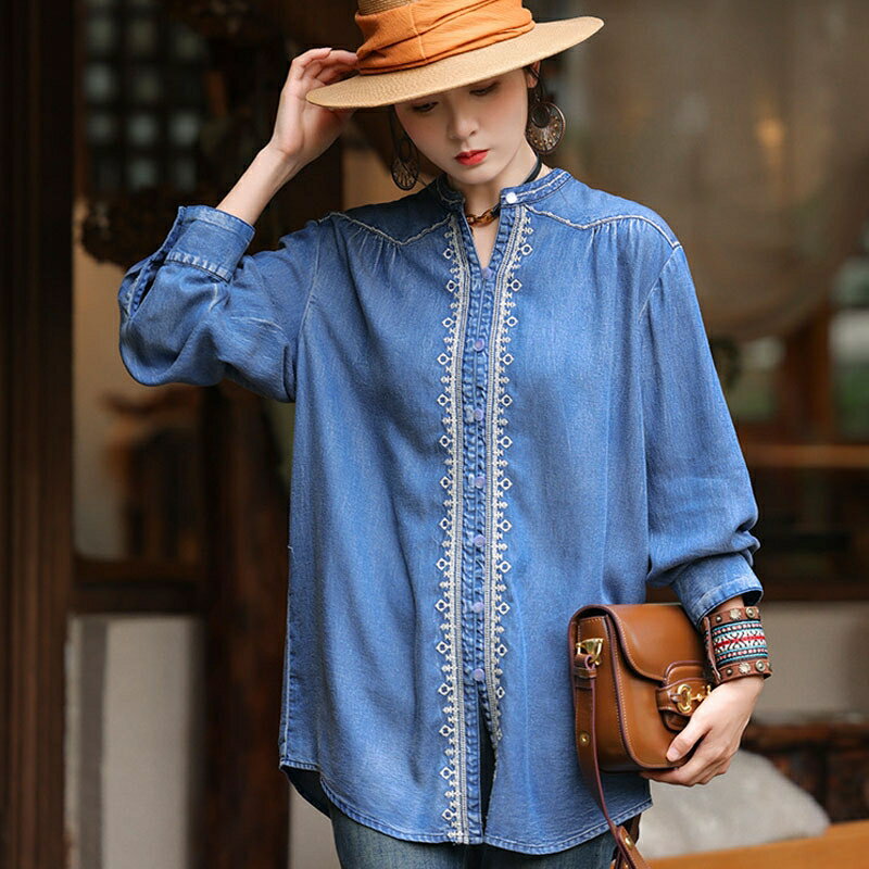 現貨+預購 新中式牛仔襯衫長袖上衣經典牛仔外套(復古感刺繡牛仔天絲女裝74ku9)【獨家進口】【米蘭精品】