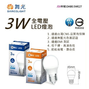 ☼金順心☼專業照明~舞光 LED 3W 燈泡 保固一年 無藍光 CNS認證 E27 球泡