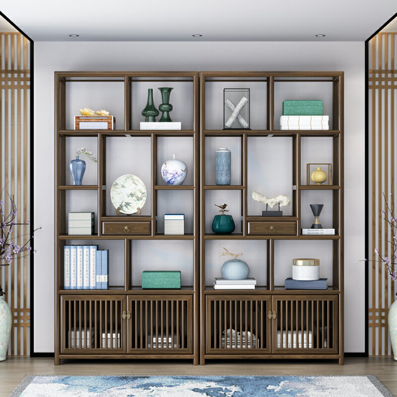 新中式實木博古架辦公室客廳茶架子簡約置物架榆木多寶閣展示櫃子