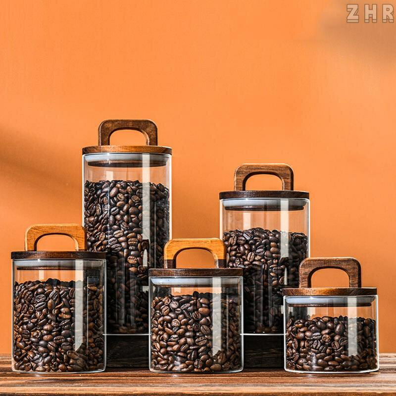 全新 復古木蓋 木蓋 玻璃氣密罐 透明硼矽玻璃帶手柄 儲物罐 儲物罐食品儲物瓶 咖啡豆儲物罐 儲物罐
