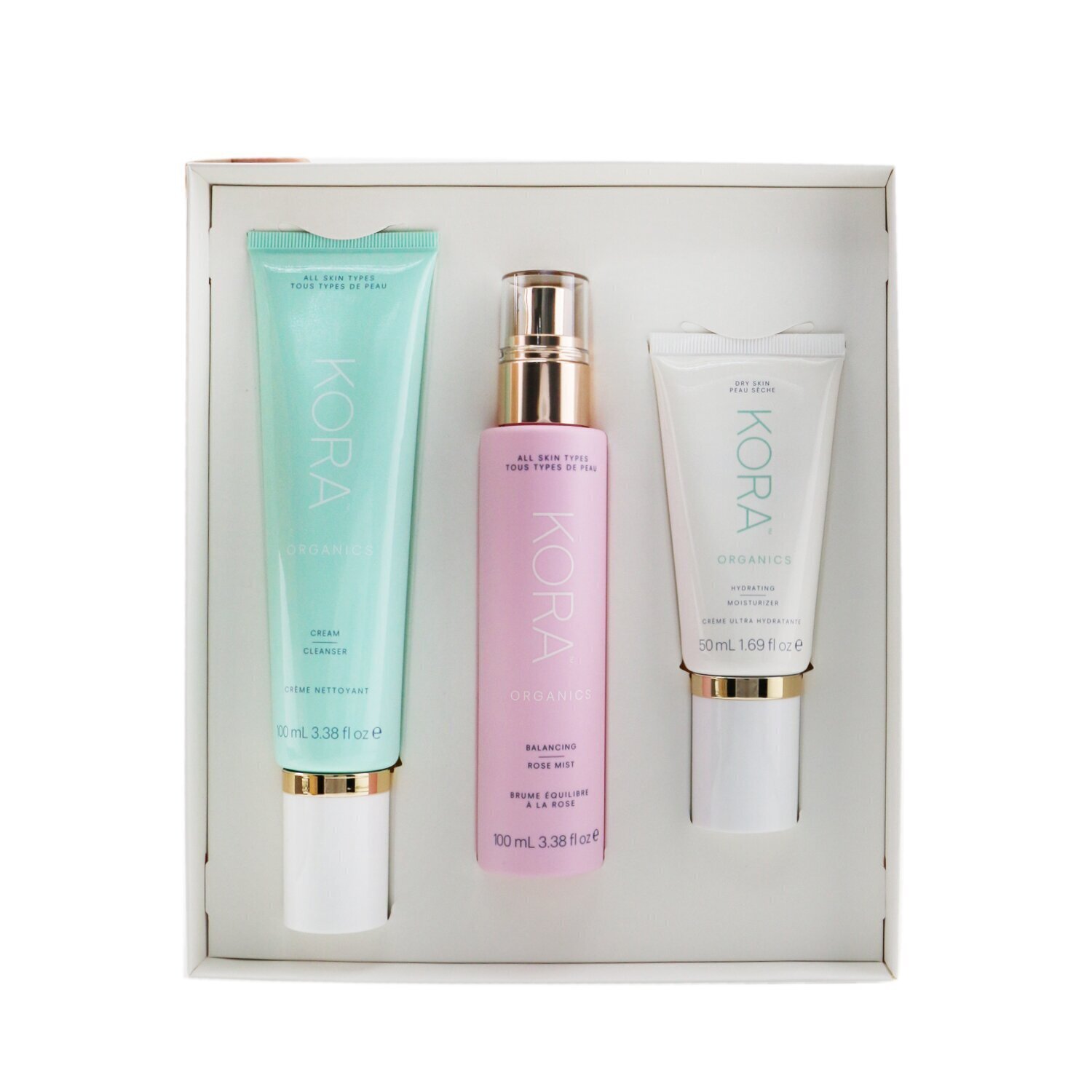 Kora Organics - 3 重步驟套裝 - 乾燥肌適用: 潔面乳 100毫升+ 玫瑰滋潤平衡保濕噴霧 100毫升+ 補水保濕霜 50毫升 (有效期至: 06/2023)