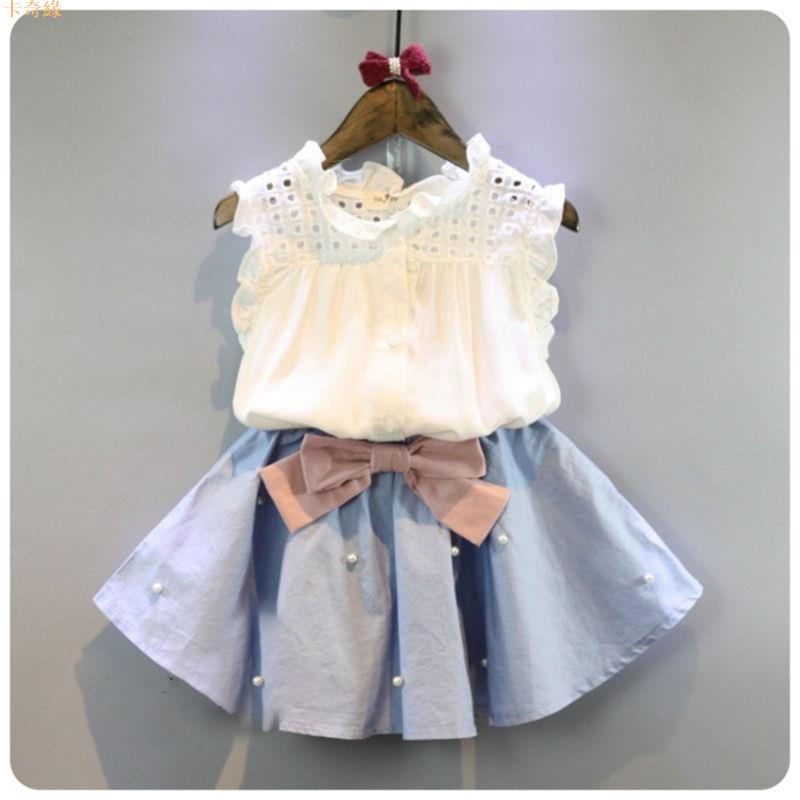 ✨ 女童童裝 韓版 女童 中小童洋裝 夏季新款 兒童無袖襯衫短裙套裝 女寶寶兩件套潮 上衣裙子套裝