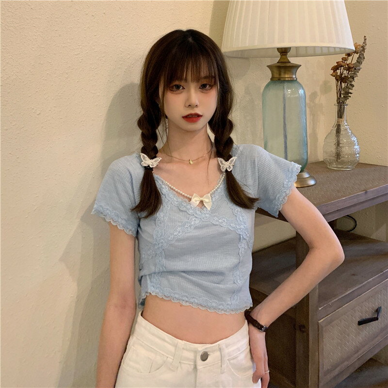 蕾絲花邊拼接v領短袖襯衫女設計感小眾夏季年新款韓版上衣潮