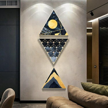 壁畫 玄關裝飾畫 走廊過道壁畫豎版 現代客廳抽象輕奢創意魚三角形掛畫 雙十一購物節