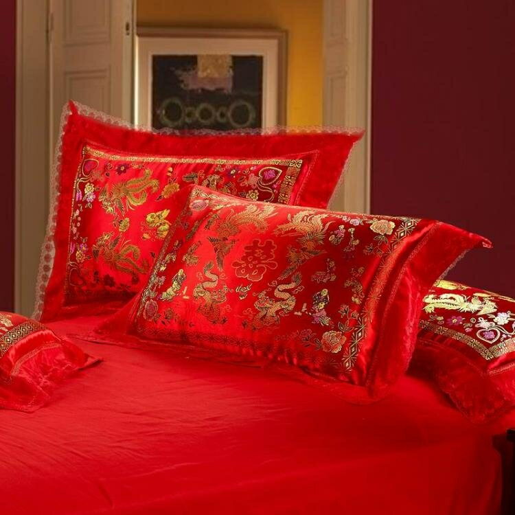 婚慶綢緞絲綢龍鳳鴛鴦百子圖喜慶單人枕套一對2只裝大紅結婚枕頭套 雙十一購物節