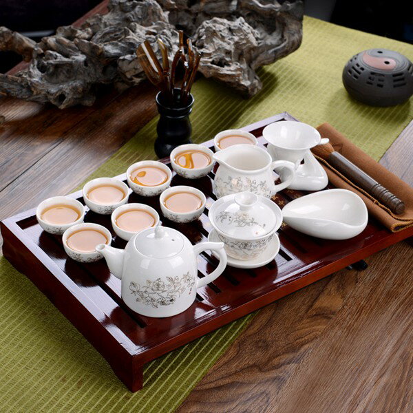 茶具13件套陶瓷器青花釉中彩泡茶功夫整套茶杯茶具套裝家用 雙十一購物節