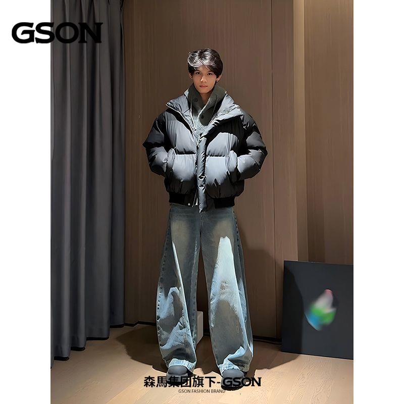 森馬集團旗下GSON短款黑色棉服男冬季立領外套加厚棉襖美式麵包服-貼心家居