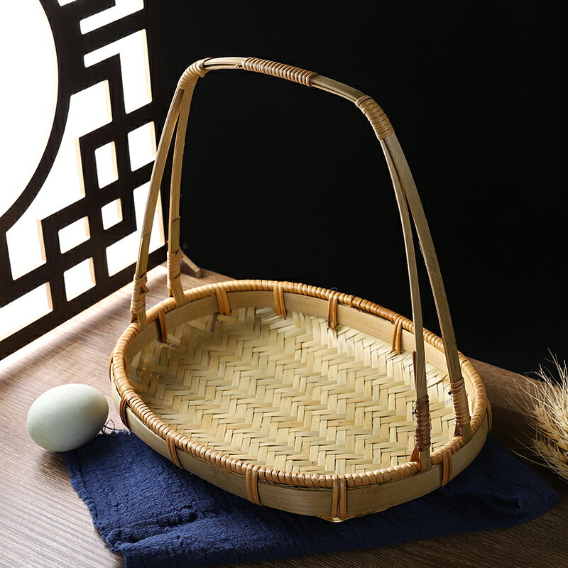 竹編籃子手提籃點心籃桌面小果盤托盤零食糕點籃竹製品水果籃竹籃