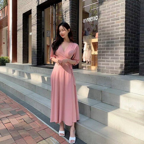 Annas 正韓v領交叉綁帶洋裝短袖長裙長洋長洋裝棉質高腰顯瘦氣質女神婚禮韓國 Anna S Rakuten樂天市場