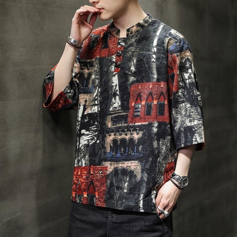 【新品】M-5XL 大碼中國風服飾 短袖上衣 短袖 潮流 休閒上衣中國風亞麻T恤男短袖夏季複古盤扣七分袖上衣潮大碼寬鬆胖