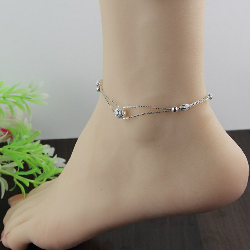 現貨+預購 925純銀腳鍊轉運珠腳鏈-磨砂金錢珠圓珠雙層情人節生日聖誕節交換禮物女飾品73zf6【獨家進口】【米蘭精品】