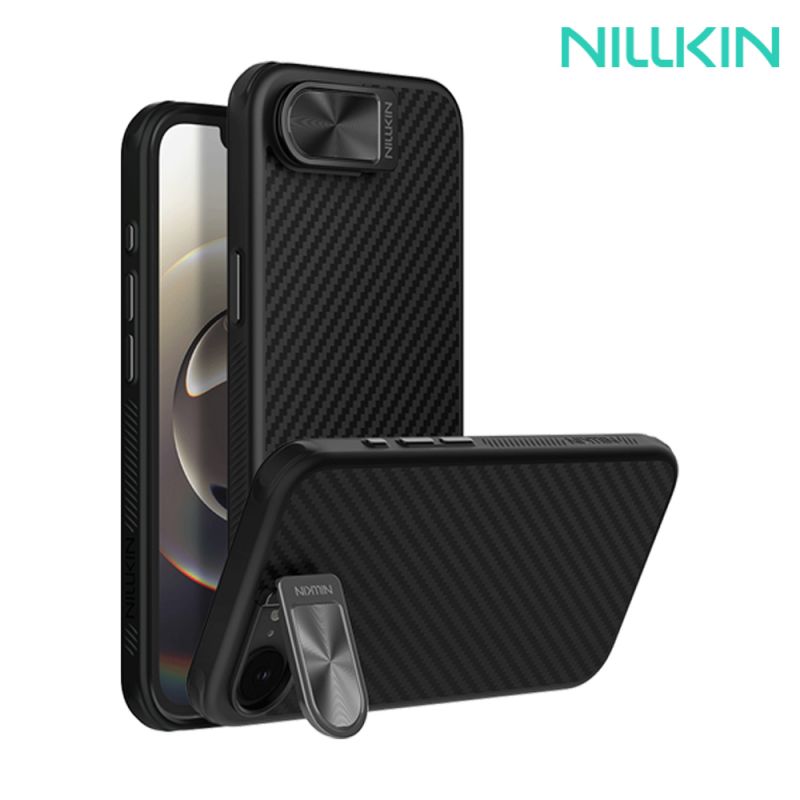 NILLKIN Apple 蘋果 iPhone 16e 纖極碳纖維紋磁吸殼(覆蓋版) 保護殼 保護套 手機殼 雙料殼 鏡頭保護 可站立 鏡頭支架 防塵蓋 鏡頭蓋MagSafe【愛瘋潮】