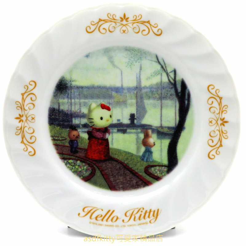 asdfkitty*KITTY收藏級古典陶瓷繪盤-湖畔散步-2001年絕版商品-外盒泛黃-日本正版