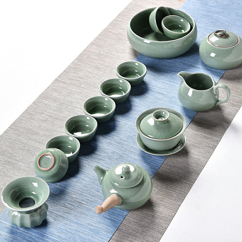哥窯茶具套裝家用 茶壺茶杯蓋碗 青瓷整套開片功夫茶具套裝