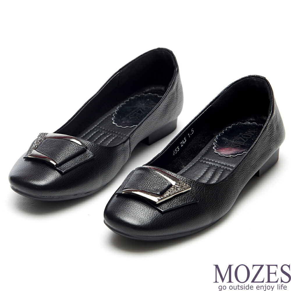 【MOZES】小牛皮幾何圖形飾釦平底鞋(全牛皮平底鞋)-黑