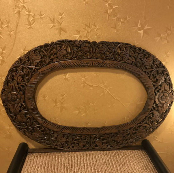 泰國柚木洗漱鏡橢圓浴室裝飾東南亞風格手工雕花鏡框實木壁掛