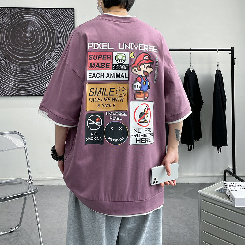 紫色短袖男ins潮牌vintage歐美高街t恤oversize超級瑪麗七分半袖