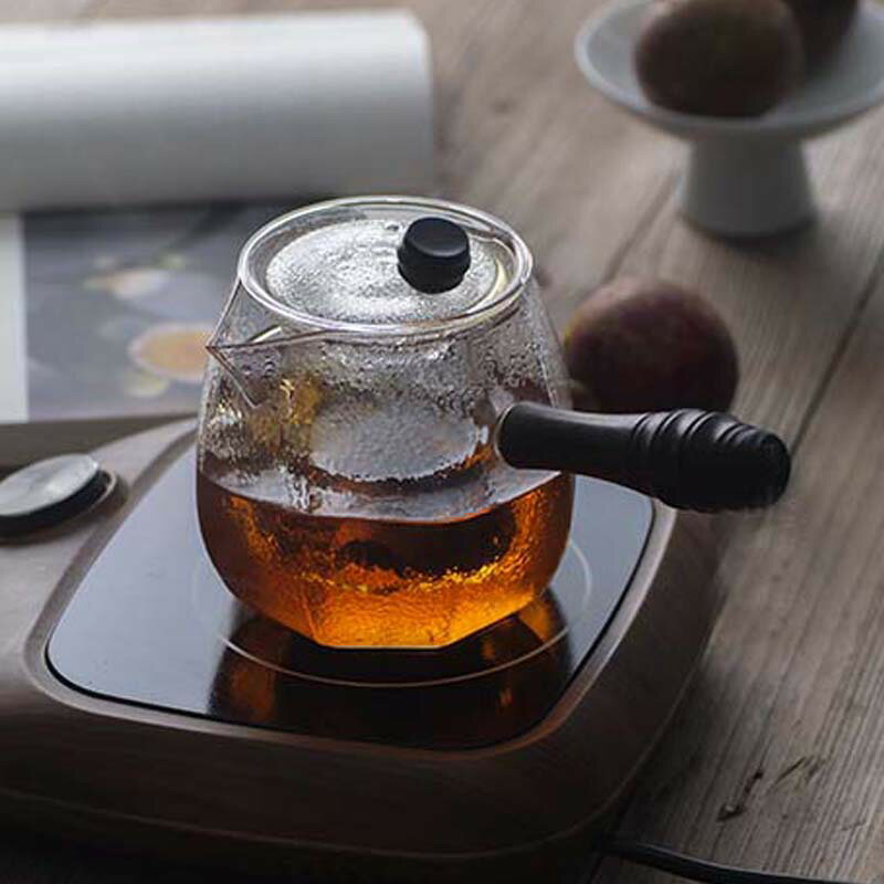 優樂悅~耐熱玻璃黑茶蒸汽煮茶壺 電陶爐蒸茶木柄側把過濾泡茶玻璃蒸茶壺手沖壺 茶壺