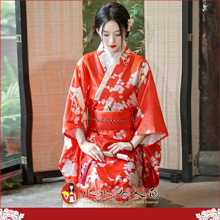 熱賣爆款！日式綢緞和服浴衣睡袍，復古印花，東瀛和服風，少女寫真舞台表演必備-紅色-水水女人國