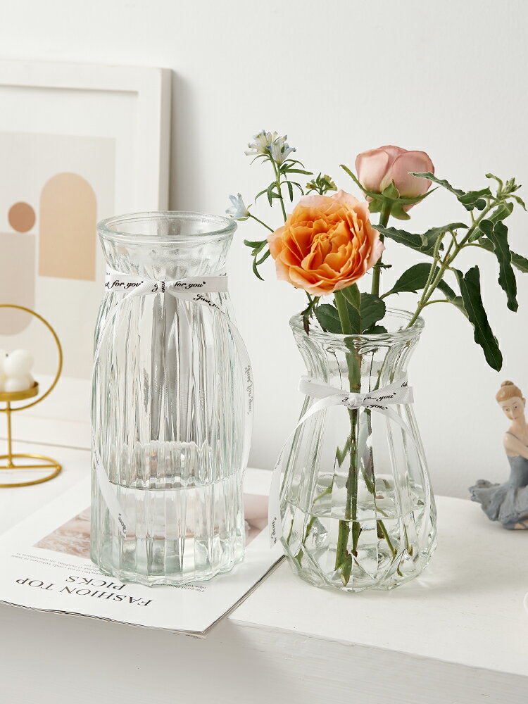 ins風簡約透明玻璃花瓶水養鮮花玫瑰富貴竹仿真插花擺件居家裝飾