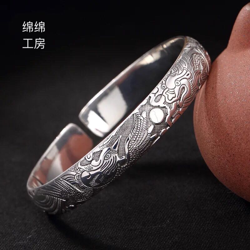 S999足銀龍鳳呈現純銀飾品復古開口男女士泰銀款做舊高檔手鐲