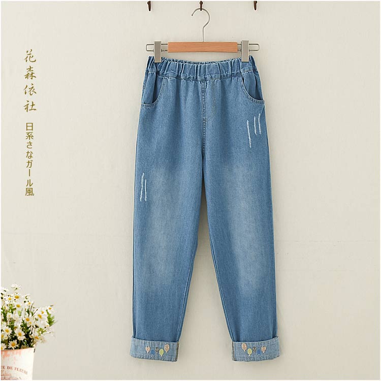 初高中生秋裝甜美氣球刺繡翻邊牛仔褲學生少女百搭九分褲直筒褲子