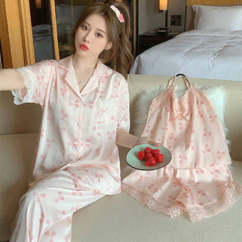 睡衣套裝短袖家居服(四件套)-冰絲背心短褲長褲女休閒服74kl40【獨家進口】【米蘭精品】