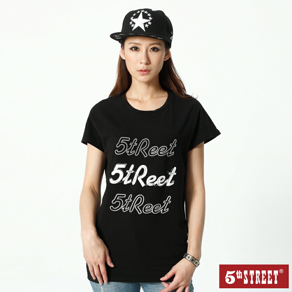 女異素材拼接短袖T恤-黑色【5th STREET】【APP下單享最高9%點數】#年中特賣