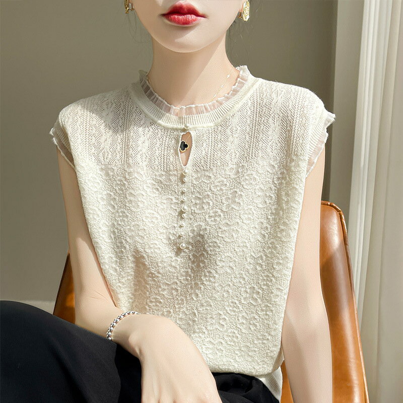 現貨+預購 羊毛針織衫短袖毛衣-圓領釘珠鏤空T恤女裝3色74lc68【獨家進口】【米蘭精品】