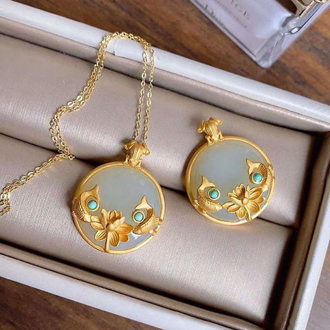 【墜享】天然和田玉圓牌雙魚蓮花吊墜中國風復古宮廷民族風女飾品