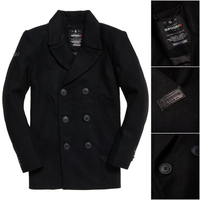 跩狗嚴選 極度乾燥 Superdry Merchant 軍裝 夾克 外套 黑色 翻領 雙排扣 羊毛 大衣 海軍