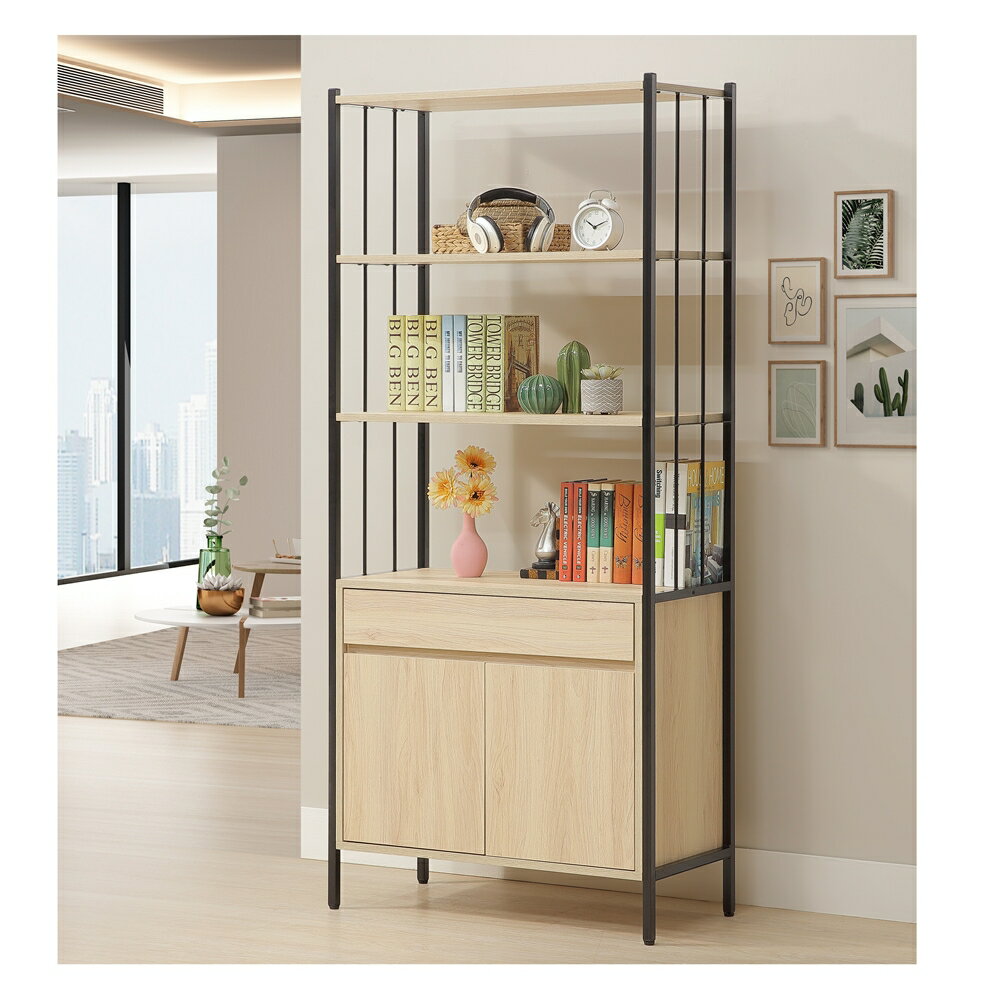 【直人木業】綠建材彩妝板溫馨系列中抽鐵架書櫃81公分｜APP結帳再賺4%點數 1