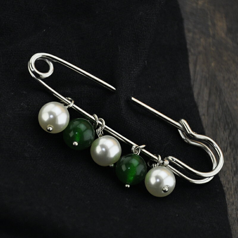 復古民族風綠瑪瑙珍珠胸針別針 毛衣文藝款韓版古典原創手工飾品