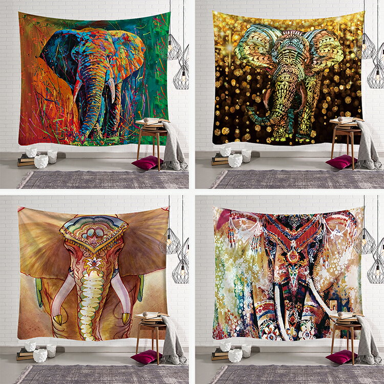橫版復古大象掛布ins畫 布藝掛毯壁毯床頭客廳沙發背景畫桌布蓋巾