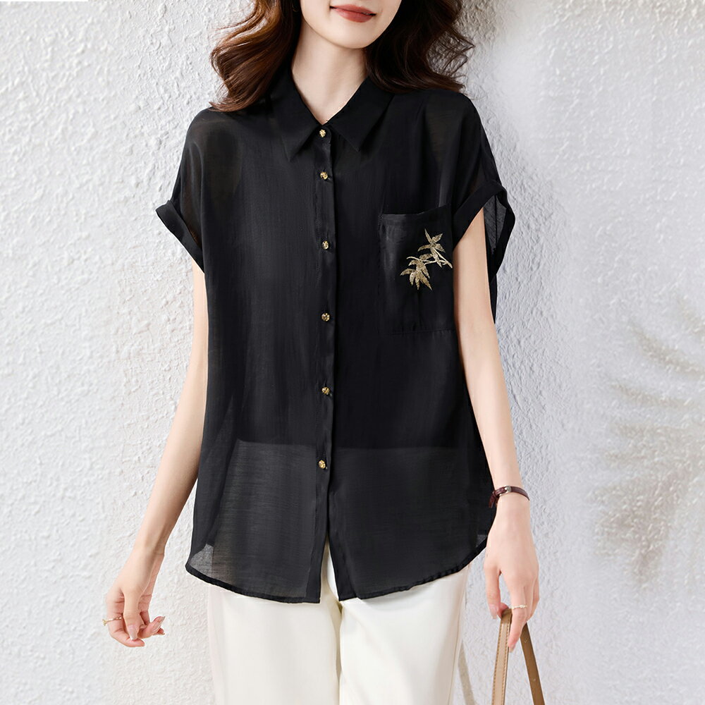 ＊ORead＊口袋繡花簡約襯衫(黑色M~5XL)【限定加碼✿全館滿額再折】