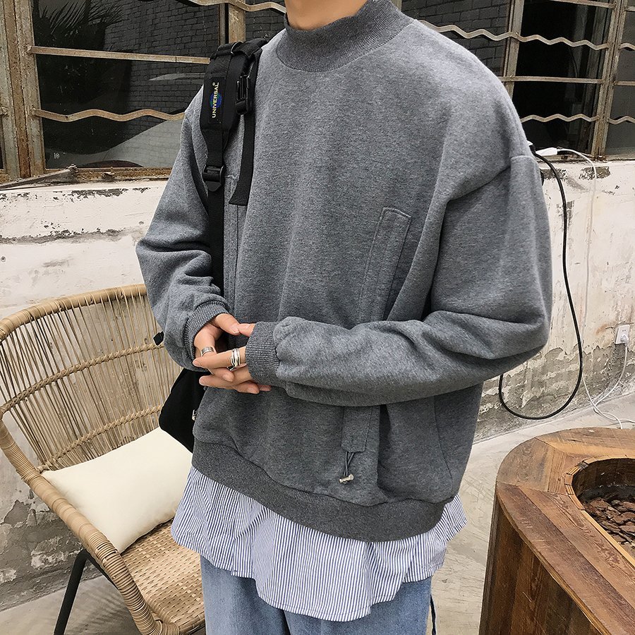 FINDSENSE 品牌 韓國男士 外套 純色 假兩件 立領 加絨 加厚長袖 衛衣