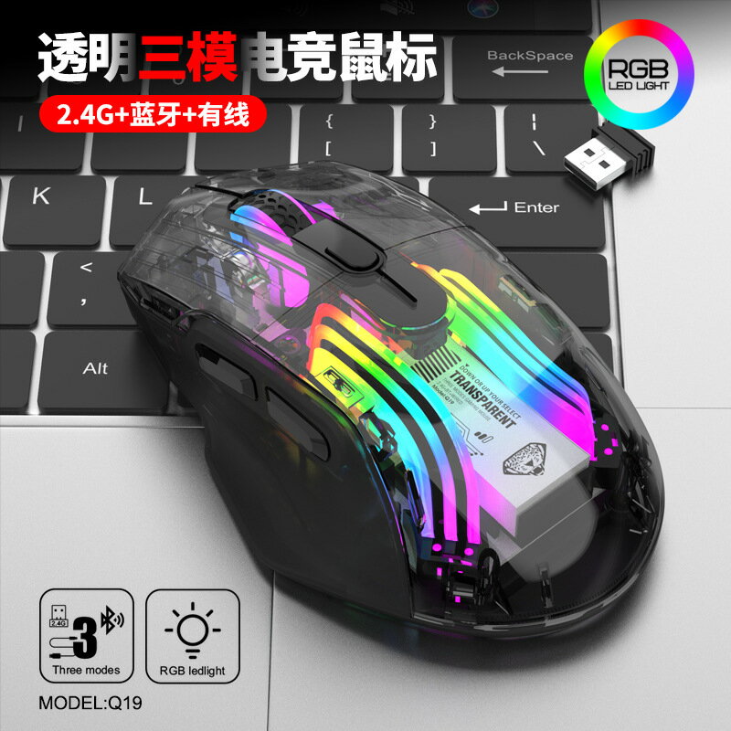【三模透明RGB】無線滑鼠 藍芽滑鼠 充電滑鼠 遊戲滑鼠 電競滑鼠 筆電滑鼠 桌上型電腦滑鼠 RGB發光 透明外殼 帝王豹Q19 三模連接 長效續航