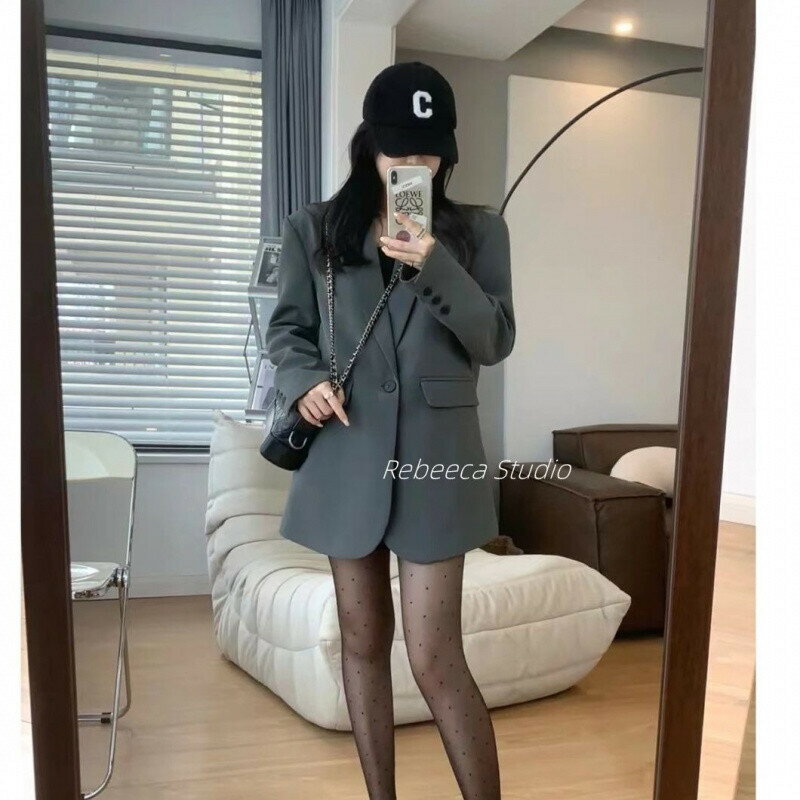 灰色西裝外套女 一粒扣韓版寬鬆休閒顯瘦小西服上衣 大尺碼西裝外套 女西裝外套 黑色西裝女 大碼外套西裝 寬鬆外套上衣女
