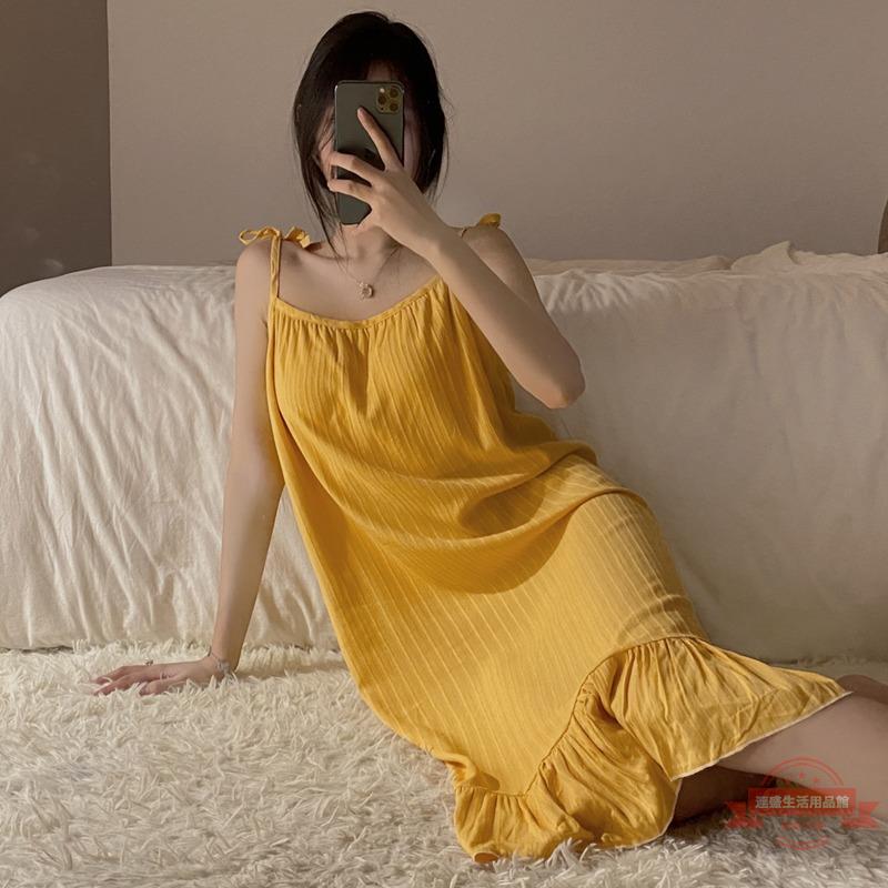 純棉帶胸墊吊帶睡裙女夏季法式宮廷風甜美清新性感中裙睡衣家居服