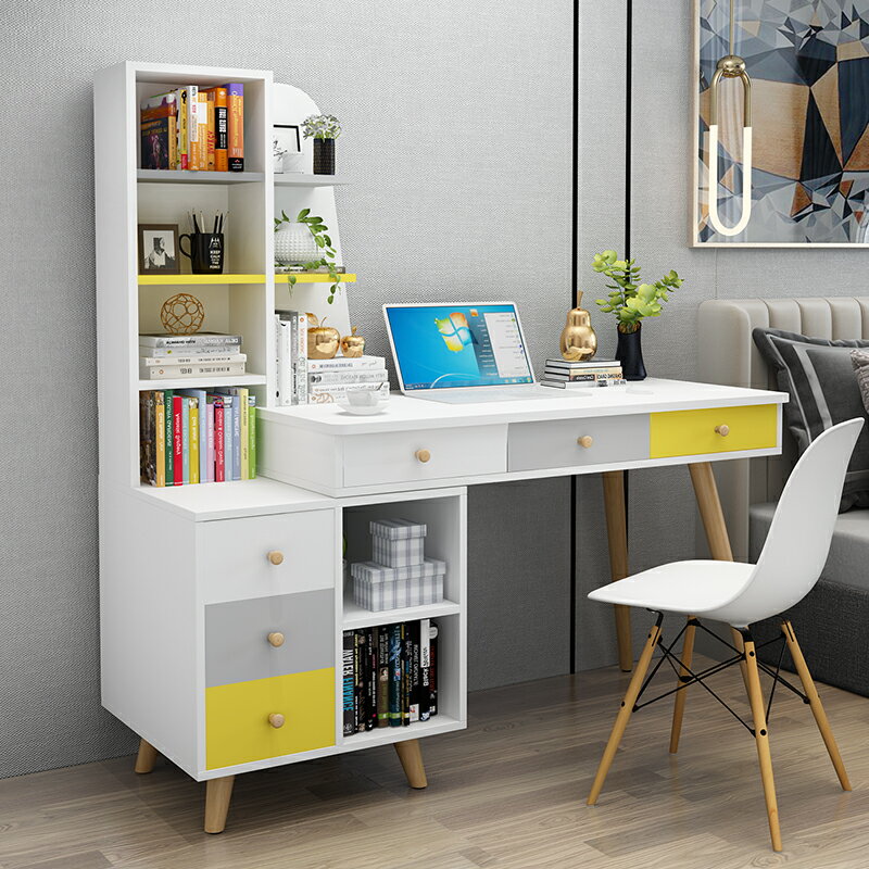 北歐書桌書架組合家用電腦桌帶書櫃一體現代簡約學生臥室寫字桌子