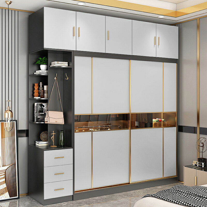 全實木多層板衣柜推拉門臥室家用現代簡約灰色生態板純原木大衣櫥