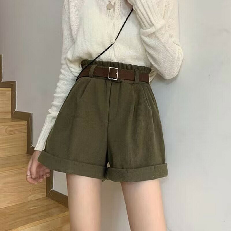 FUXI 燈芯絨短褲女 闊腿短褲 加絨加厚靴褲 韓版寬鬆短褲 休閒短褲 打底褲 外穿熱褲 女生短褲 褲子