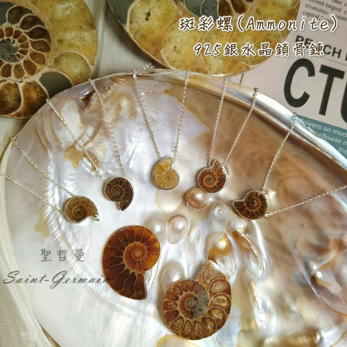 🐚斑彩螺鑽切925銀鎖骨鍊(Ammonit)搬財螺 -招財 幸運 守護 愛情 項鍊 飾品 墜子 聖哲曼