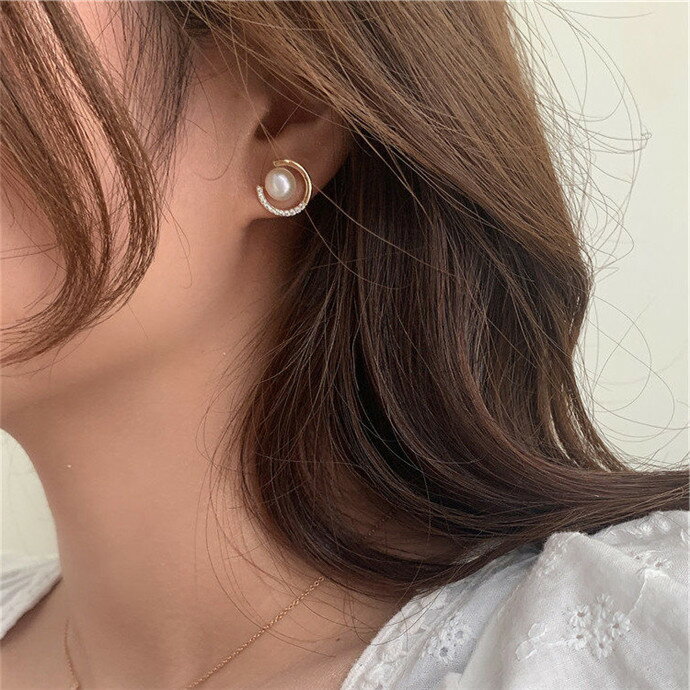 韓國ins復古氣質簡約百搭幾何圓形珍珠閃鉆925銀針耳釘耳環耳飾女