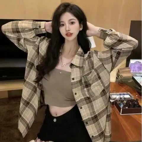 格子襯衫 女上衣 女裝 衣服 寬鬆上衣 格子襯衫女春夏秋新款韓版時尚少女小個子復古長袖襯衣休閒外套 0