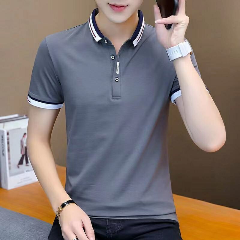 純色立領POLO衫男|大碼87.5公斤男裝上衣|夏季翻領上衣|韓版冰絲POLO衫|修身翻領短袖衫|中青年帥氣商務上衣